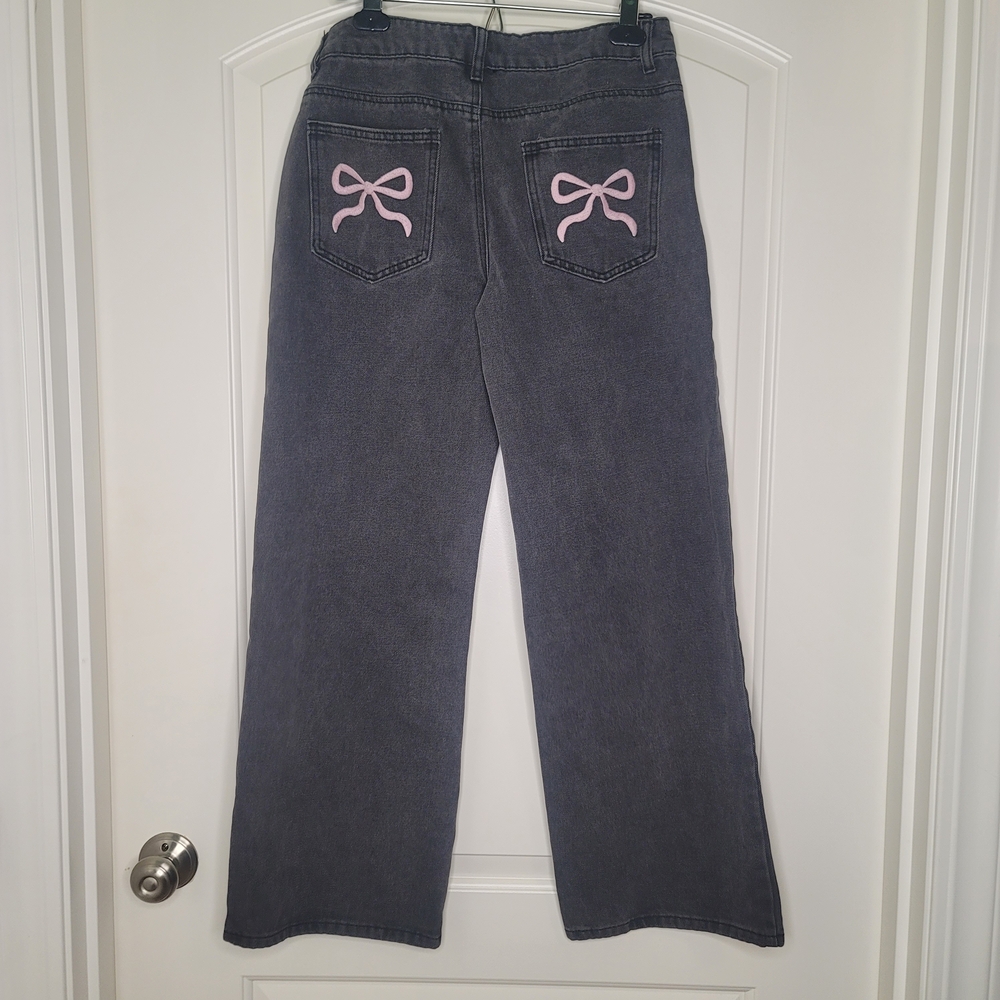 Edikted Black Wide-Leg Jeans with Pink Bow Pocket Embroidery